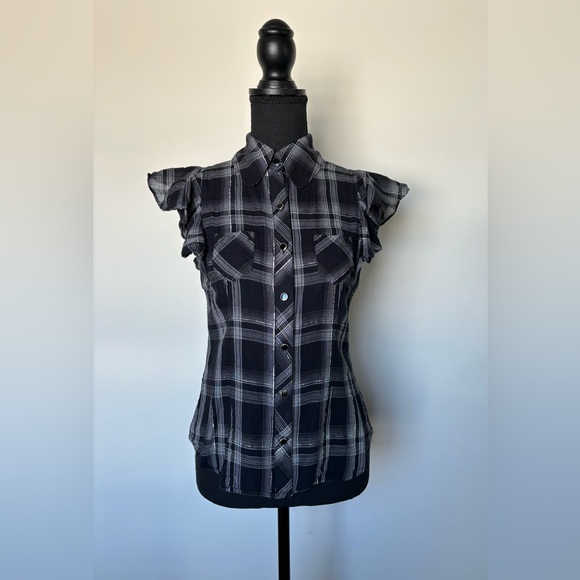 Express Women’s Ruffled Sleeve Blouse Top black with silver sparkly thread XS - Picture 6 of 10